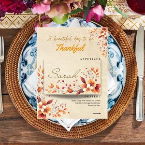 EDITIERBARE Vintage Thanksgiving-Menü und passendes Tischkarten-Set - Doppelseitig druckbares Menü mit Dankbarkeitsabschnitt, Thanksgiving-Tischdekor