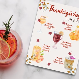 Edytowalne menu drinków na Święto Dziękczynienia - świąteczna lista koktajli akwarelowych, jesienny znak baru weselnego, menu koktajli na Święto Dziękczynienia, Friendsgiving