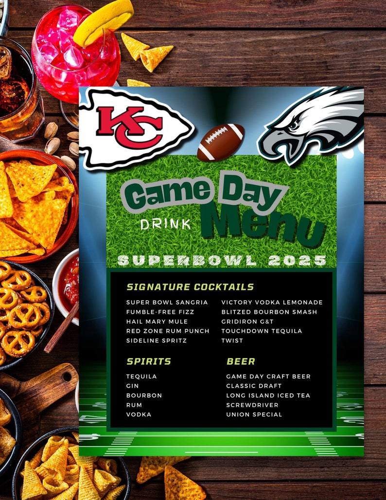 Editable Super Bowl 2025 Game Day Drink Menu Two Design Options