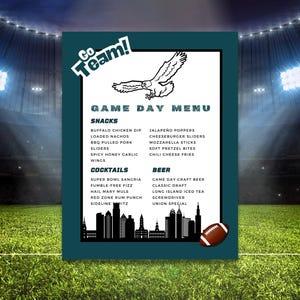 Bearbeitbares Partymenü am Philadelphia Game Day - Druckbare Speise- und Getränkekarte zum Thema Fußball für Super Bowl- & Tailgate-Partys