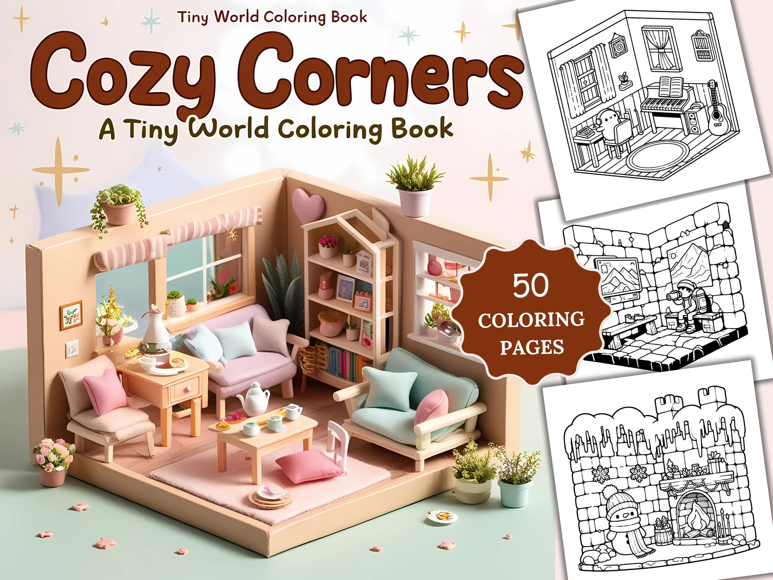 Cozy Corners Tiny World Coloring Book, Cute, Cozy Coloring Pages, 50 Relaxing Comfy and Hygge Home Illustrations, Digital Download , PDF