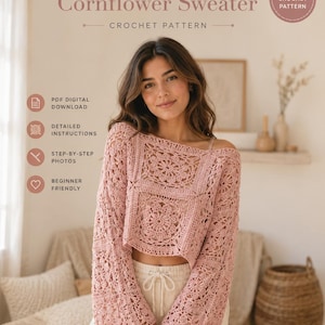 Cornflower Crochet Sweater Pattern PDF, Granny Square Sweater Tutorial, Beginner Crochet Pullover, Boho Crochet Top, Instant Download