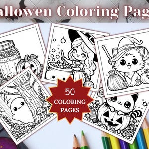 50 Kawaii Halloween Coloring Book, Coloring Books, Kawaii Coloring Pages, Cute Ghost Coloring Book, Halloween coloring, Instant Download