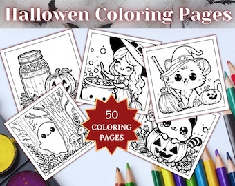 50 Kawaii Halloween Coloring Book, Coloring Books, Kawaii Coloring Pages, Cute Ghost Coloring Book, Halloween coloring, Instant Download