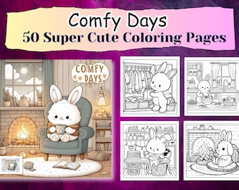 50 comfy moments coloring book, cozy days coloring pages, bold and easy ,instant download pdf, digital download, kids adults coloring pages