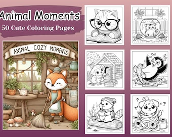 50 Cute Animal Characters in Cozy Hygge Moments Coloring Book, Coloring Book for Adults and Kids,cozy moments,bold and easy,digital download