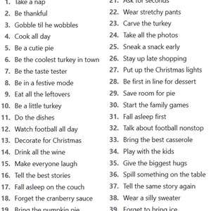 a list of design ideas for a turkey dinner, ranging from nap time to dessert, with a total of 20 ideas.