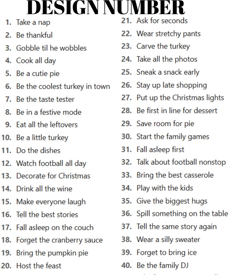 a list of design ideas for a turkey dinner, ranging from nap time to dessert, with a total of 20 ideas.