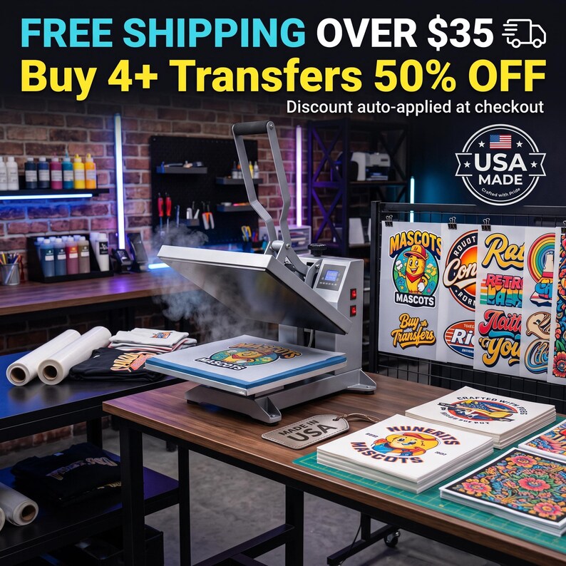 The image is an advertisement for a free shipping offer on 4+ transfers, with a 50% discount applied at checkout. The ad features a table with various printed items, including a sign that reads "MUSCOTS" and a sign that says "REST". The background shows a brick wall with shelves filled with art supplies.