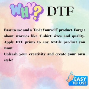 The image is a text-based advertisement for a product called "DTF" (Digital Transfer Tool). It provides instructions on how to use the product, encouraging users to forget about worries like T-shirt sizes and quality and apply DTF prints to any textile product they want. The ad also encourages users to Unleash their creativity and create their own style.