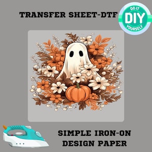 Floral Ghost DTF Transfer, Cute Halloween Ghost with Pumpkin and Flowers Iron-On, Autumn Fall Bouquet Heat Transfer, Ready to Press Sheet