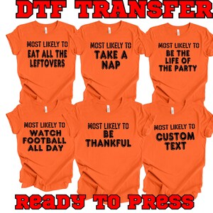 six orange t-shirts with humorous text printed on them.