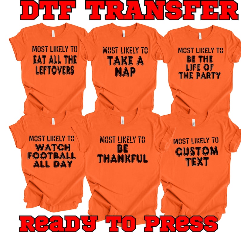six orange t-shirts with humorous text printed on them.