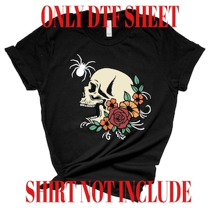Skull Floral DTF Transfer, Halloween Iron-On Sheet, DIY Skeleton with Roses Design, Ready to Press, Gothic Tattoo Style T-Shirt Art