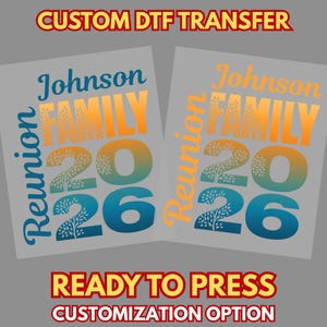 Könnte beinhalten: Zwei benutzerdefinierte DTF-Transferbögen mit dem Text Johnson FAMILY Reunion 2026. Das Design verwendet ein Farbverlaufsschema von Orange zu Blau, wobei ein Baumsilhouettenmuster in die Buchstaben und Zahlen integriert ist.