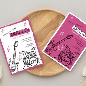 May include: Pink and white birthday party invitation with a black and white illustration of a guitar and drum set. The text on the invitation reads "Join us to celebrate! Amelia's 16th Birthday Party!" and includes the date, time, address, and RSVP information.