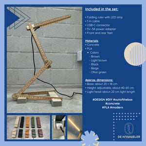 May include: A unique desk lamp made from folding rulers, with a light brown finish and LED strip. The base is approximately 9.8 x 7 inches, and the height is adjustable from 15.7 to 25.6 inches. The light head is about 7.9 inches long.