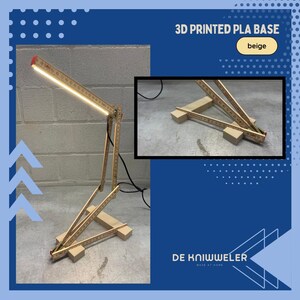 May include: A beige 3D-printed PLA base desk lamp made from folding rulers. The lamp has a rectangular light fixture and is connected to a power cord. The image also includes a smaller inset image of the lamp's base. The text "3D PRINTED PLA BASE" and "beige" are visible.