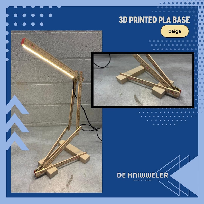May include: A beige 3D-printed PLA base desk lamp made from folding rulers. The lamp has a rectangular light fixture and is connected to a power cord. The image also includes a smaller inset image of the lamp's base. The text "3D PRINTED PLA BASE" and "beige" are visible.