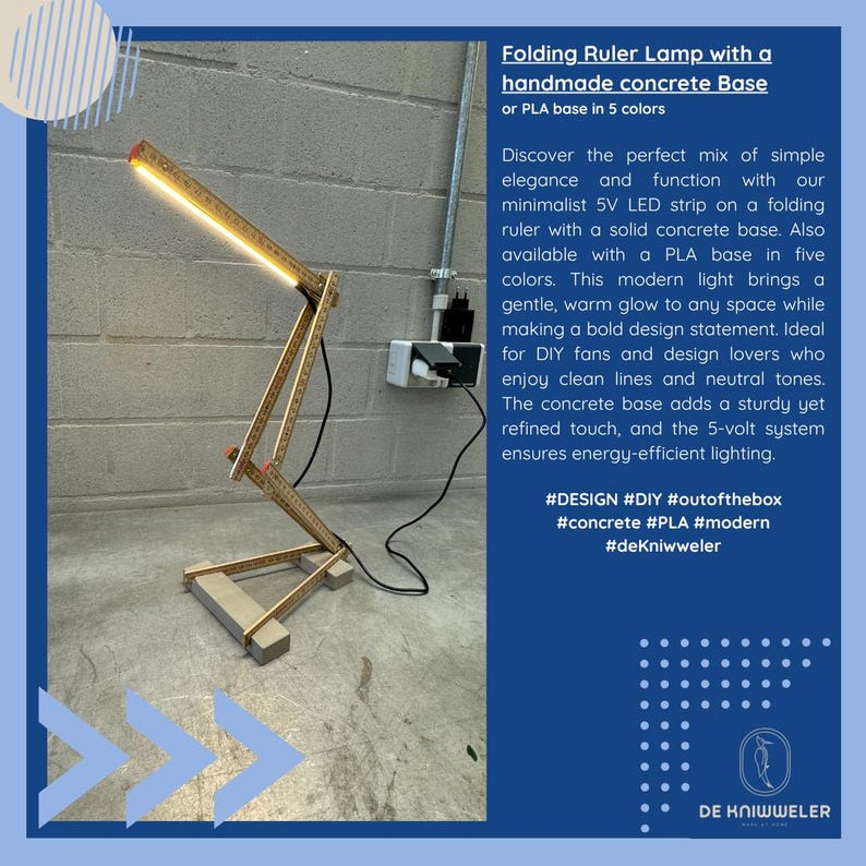 May include: A folding ruler lamp with a handmade concrete base. The lamp features a minimalist 5V LED strip and is available with a PLA base in five colors. The lamp's design includes a ruler and concrete base.
