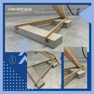 May include: A unique lamp design featuring a concrete base and wooden folding rulers. The rulers are arranged to form the lamp's structure, with the text "CONCRETE BASE" visible. The design is modern and industrial.