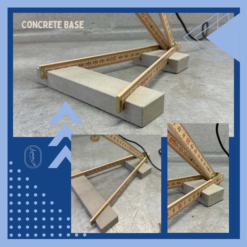 May include: A unique lamp design featuring a concrete base and wooden folding rulers. The rulers are arranged to form the lamp's structure, with the text "CONCRETE BASE" visible. The design is modern and industrial.