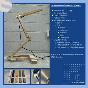 May include: A unique desk lamp constructed from a wooden ruler, featuring an LED strip light. The lamp has a concrete base and a black power cord. The design includes the text "#DESIGN #DIY #outofthebox #concrete #PLA #modern". The base is approximately 9.8 x 7.1 inches.
