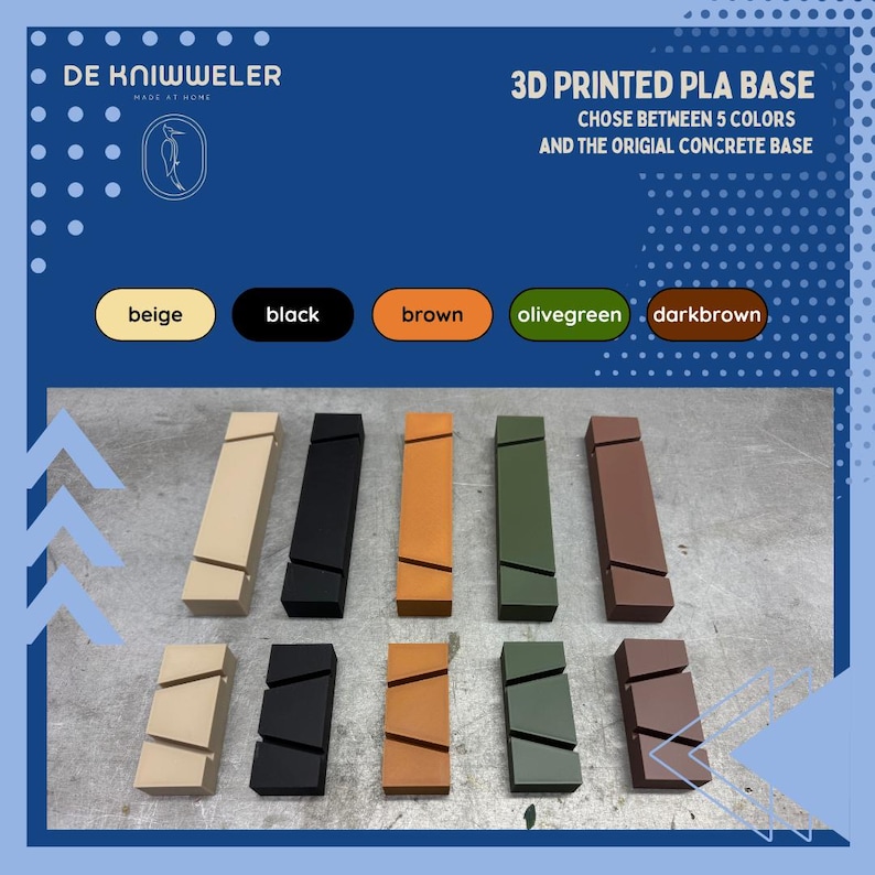 May include: A display of 3D printed PLA bases in various colors: beige, black, brown, olive green, and dark brown. The bases are rectangular with a diagonal cut design. Text on the image reads "3D PRINTED PLA BASE" and "CHOSE BETWEEN 5 COLORS AND THE ORIGIAL CONCRETE BASE."