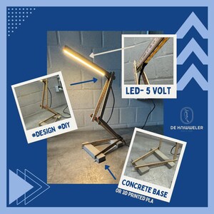 May include: A DIY desk lamp made from wooden rulers and a concrete base. The lamp features an LED light strip and is labeled with the text "LED- 5 VOLT" and "CONCRETE BASE OR 3D PRINTED PLA". The design is tagged with #DESIGN #DIY.
