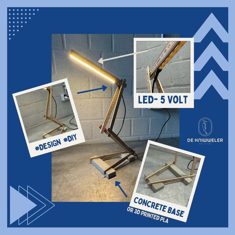 May include: A DIY desk lamp made from wooden rulers and a concrete base. The lamp features an LED light strip and is labeled with the text "LED- 5 VOLT" and "CONCRETE BASE OR 3D PRINTED PLA". The design is tagged with #DESIGN #DIY.