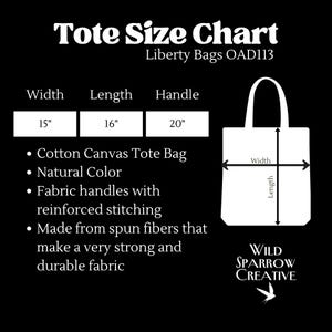 May include: A black and white tote size chart for Liberty Bags OAD113. It displays a cotton canvas tote bag with a 15-inch width, 16-inch length, and 20-inch handle. Features include reinforced stitching and spun fibers for durability. Wild Sparrow Creative logo.