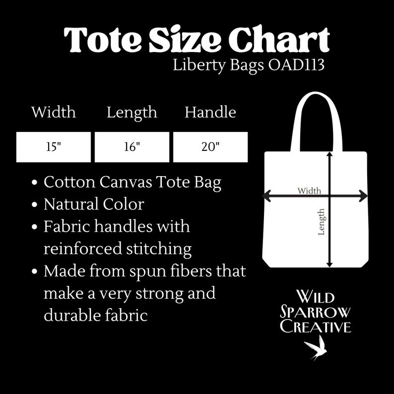 May include: A black and white tote size chart for Liberty Bags OAD113. It displays a cotton canvas tote bag with a 15-inch width, 16-inch length, and 20-inch handle. Features include reinforced stitching and spun fibers for durability. Wild Sparrow Creative logo.