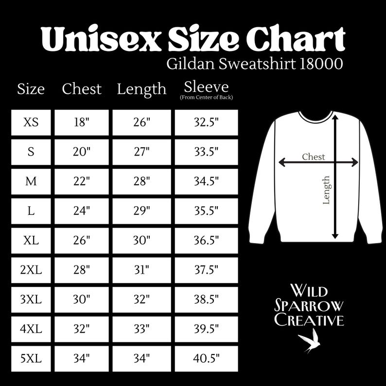 K&ouml;nnte beinhalten: Schwarz-wei&szlig;e Gr&ouml;&szlig;entabelle f&uuml;r ein Gildan 18000 Unisex-Sweatshirt. Die Tabelle enth&auml;lt Brust-, L&auml;ngen- und &Auml;rmelma&szlig;e in Zoll, von XS bis 5XL. Eine Diagramm zeigt Brust- und L&auml;ngenmessungen.
