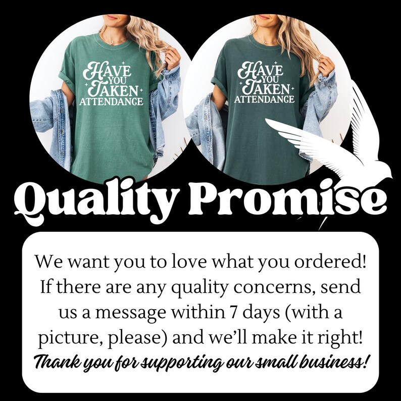 K&ouml;nnte beinhalten: Zwei gr&uuml;ne T-Shirts mit dem Text "Have You Taken Attendance" in wei&szlig;er Schrift. Die Shirts werden in einem kreisf&ouml;rmigen Rahmen dargestellt. Das Bild enth&auml;lt auch die Worte "Quality Promise" und eine Kundendienstnachricht.