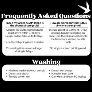 May include: Black and white graphic with text about custom printed shirts. The text includes information on order processing times, printing methods, and washing instructions. A white bird graphic is in the upper right corner.