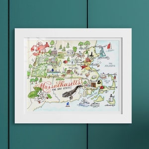 Mapa de Massachusetts, acuarela pintada a mano, impresión de lujo en 5 x 7, 8 x 10, 11 x 14, 16 x 20 o 18 x 24 para enmarcar