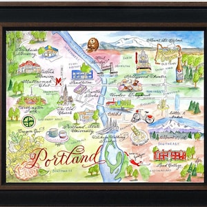 Kaart van Portland, Oregon, handgeschilderde aquarel, luxe print in 5 x 7, 8 x 10, 11 x 14, 16 x 20 of 18 x 24 om in te lijsten