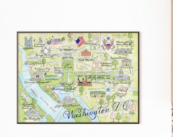 Washington D.C. Map, Hand-painted Watercolor, Luxury Print in 5 x 7, 8 x 10, 11 x 14, 16 x 20, or 18 x 24 for framing