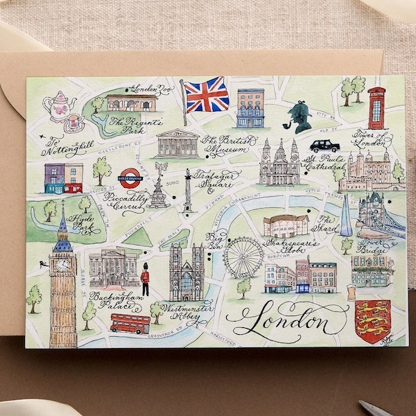 Watercolor Vintage London Map Card -- Single Card, Set of 4, and Luxury Box Set of 10