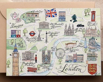 Watercolor Vintage London Map Card -- Single Card, Set of 4, and Luxury Box Set of 10