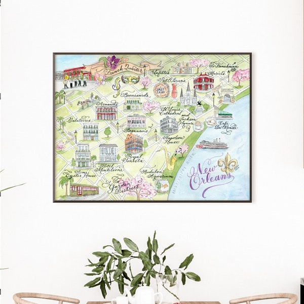 Hand-painted Watercolor New Orleans Map, Luxury Print in 5 x 7, 8 x 10, 11 x 14, 16 x 20, or 18 x 24 for framing