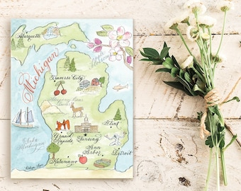 Cartão de mapa vintage de Michigan em aquarela - Cartão único, conjunto de 4 e caixa de luxo com 10 - Frete grátis para os EUA