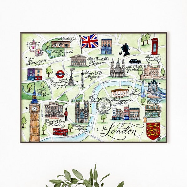 London Map, Hand-painted Watercolor,  Luxury Print in 5 x 7, 8 x 10, 11 x 14, 16 x 20, or 18 x 24 for framing