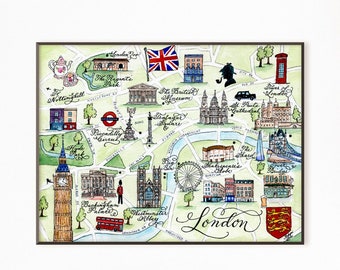 London, England Map, Hand-painted Watercolor,  Luxury Print in 5 x 7, 8 x 10, 11 x 14, 16 x 20, or 18 x 24 for framing