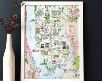 New York City Map, Hand-painted Watercolor, Luxury Print in 5 x 7, 8 x 10, 11 x 14, 16 x 20, or 18 x 24 for framing