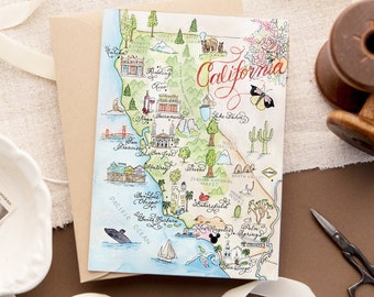 Watercolor Vintage California Map Card -- Single Card, Set of 4, and Luxury Box Set of 10