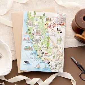 Tarjeta con mapa vintage de California en acuarela: tarjeta individual, juego de 4 y caja de lujo con juego de 10