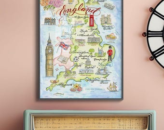 England Map, Hand-painted Watercolor, Luxury Print in 5 x 7, 8 x 10, 11 x 14, 16 x 20, or 18 x 24 for framing