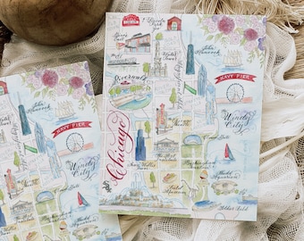 Cartão de mapa de Chicago em aquarela - Cartão único, conjunto de 4 e caixa de luxo com 10