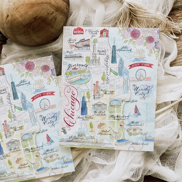 Watercolor Chicago Map Card -- Single Card, Set of 4, and Luxury Box Set of 10